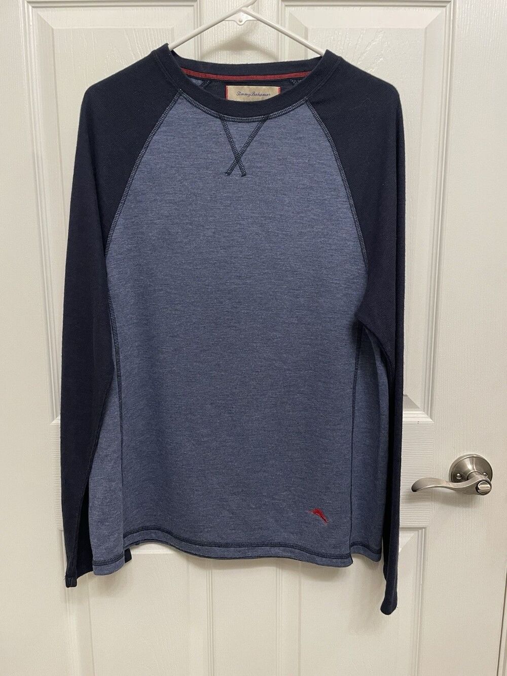 Tommy Bahama Sweater Mens Medium Blue Navy Raglan Crewneck Pullover Lightweight